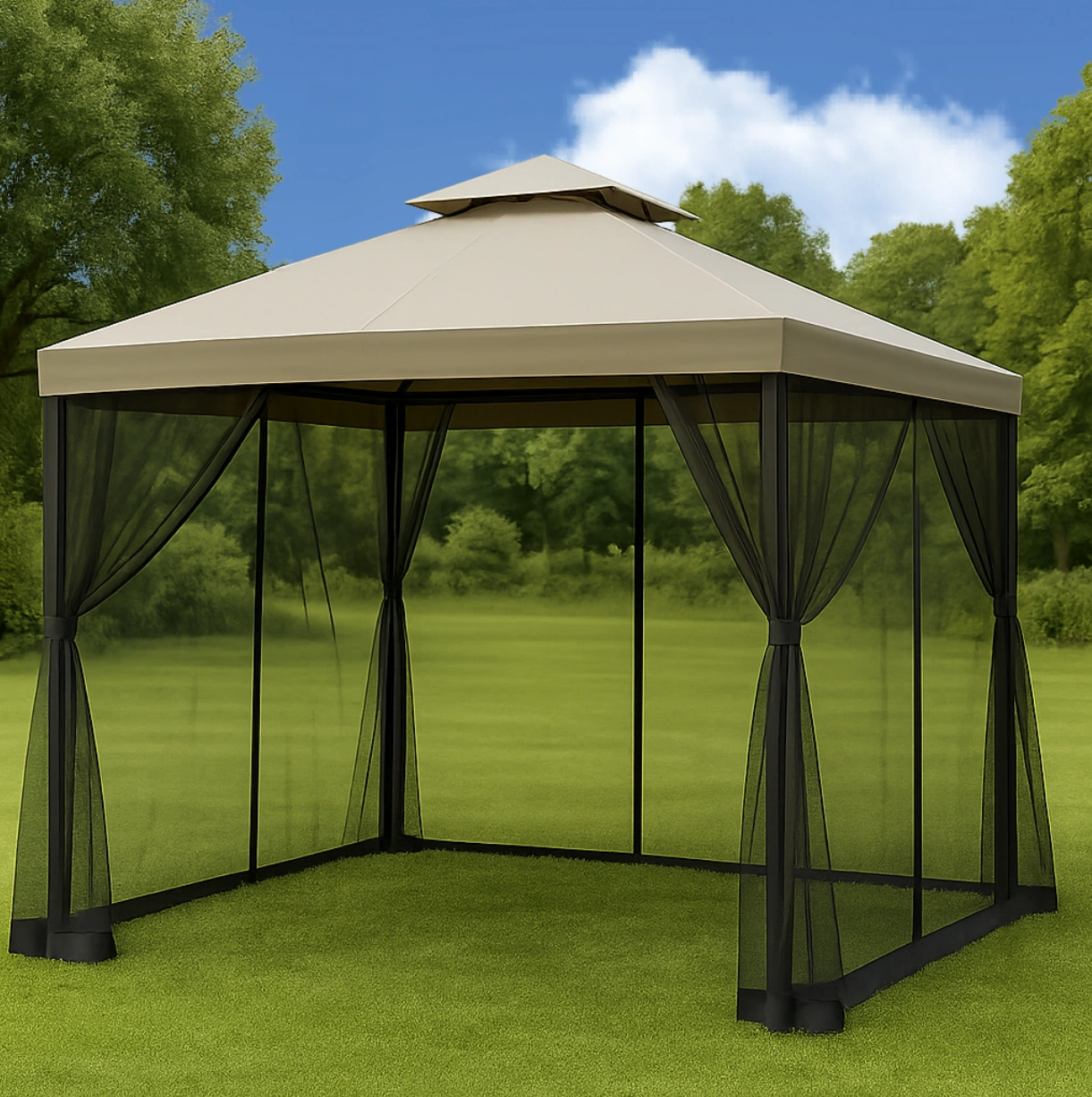 Pergola de jardin avec toit beige et moustiquaire 3x3x2,5 m