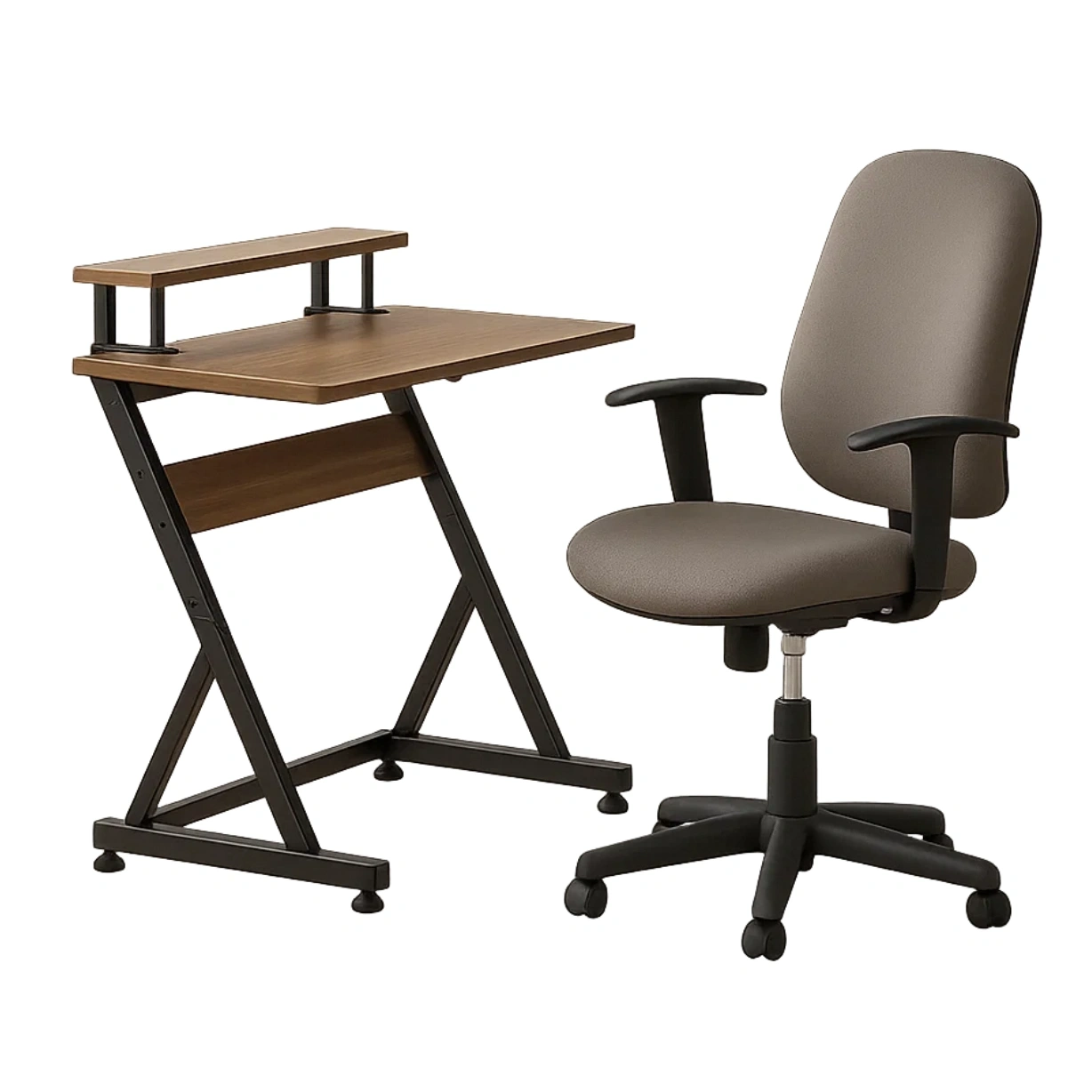 Bureau d'ordinateur compact en bois et métal, marron et noir, avec étagère supérieure et chaise pivotante, 110 x 50 x 90 cm, pour le bureau et la maison - AV6DzK73fa0p