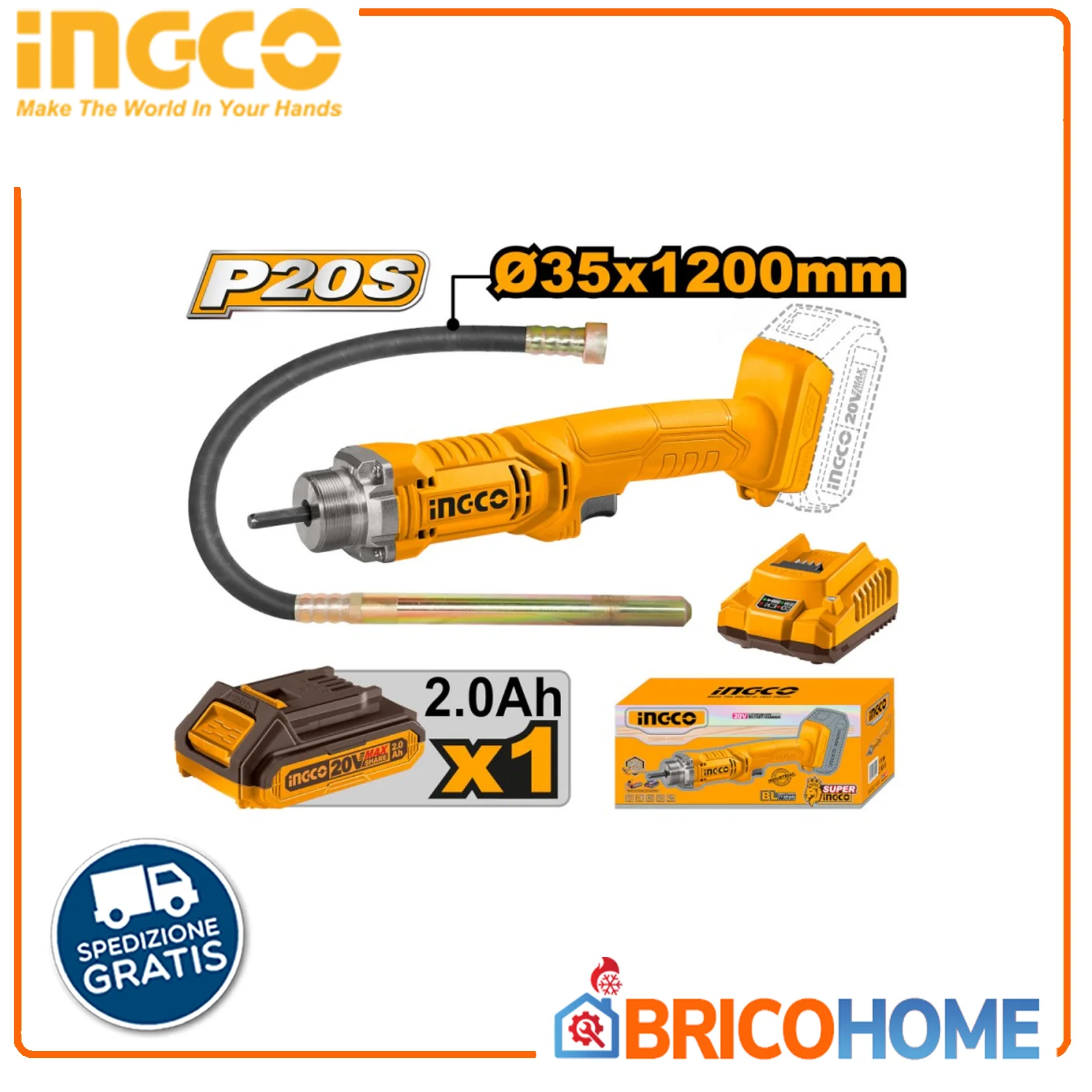 INGCO 20V Akku-Betonrüttler (Modelljahr 2025) mit 2 Akkus und Ladegerät