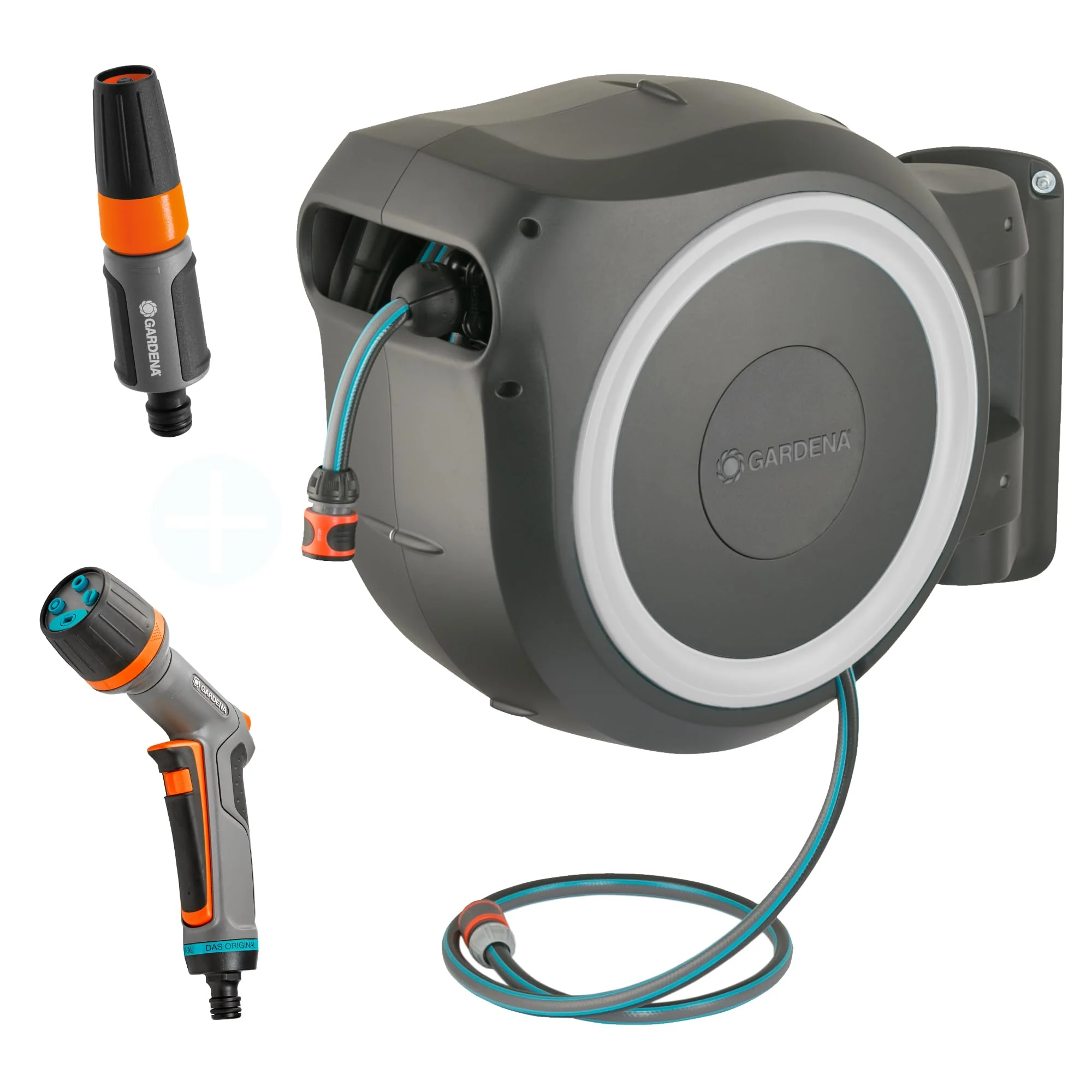 Gardena RollUp L Wand-Schlauchaufroller (Weiß) 30 m mit ecoPulse Reinigungspistole (Modelljahr 2025)