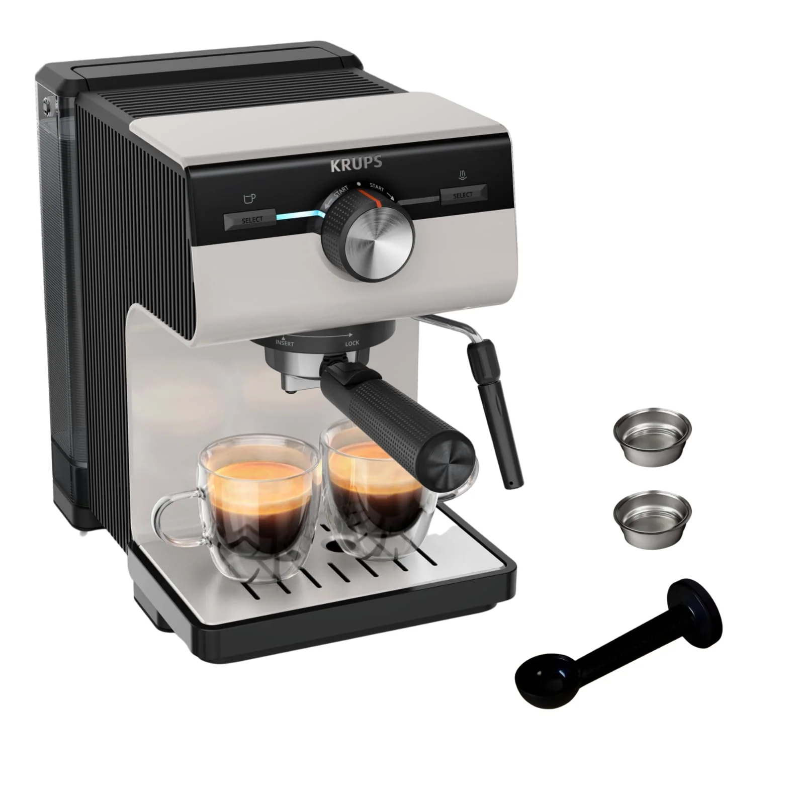 Krups Virtuoso Essential – 15-Bar-Espressomaschine. Schwarzer Edelstahl. Kompaktes und elegantes Design. Automatische Abschaltung. Espresso und Cappuccino. Thermoblock. Dampfdüse. Inklusive Messlöffel. XP4418