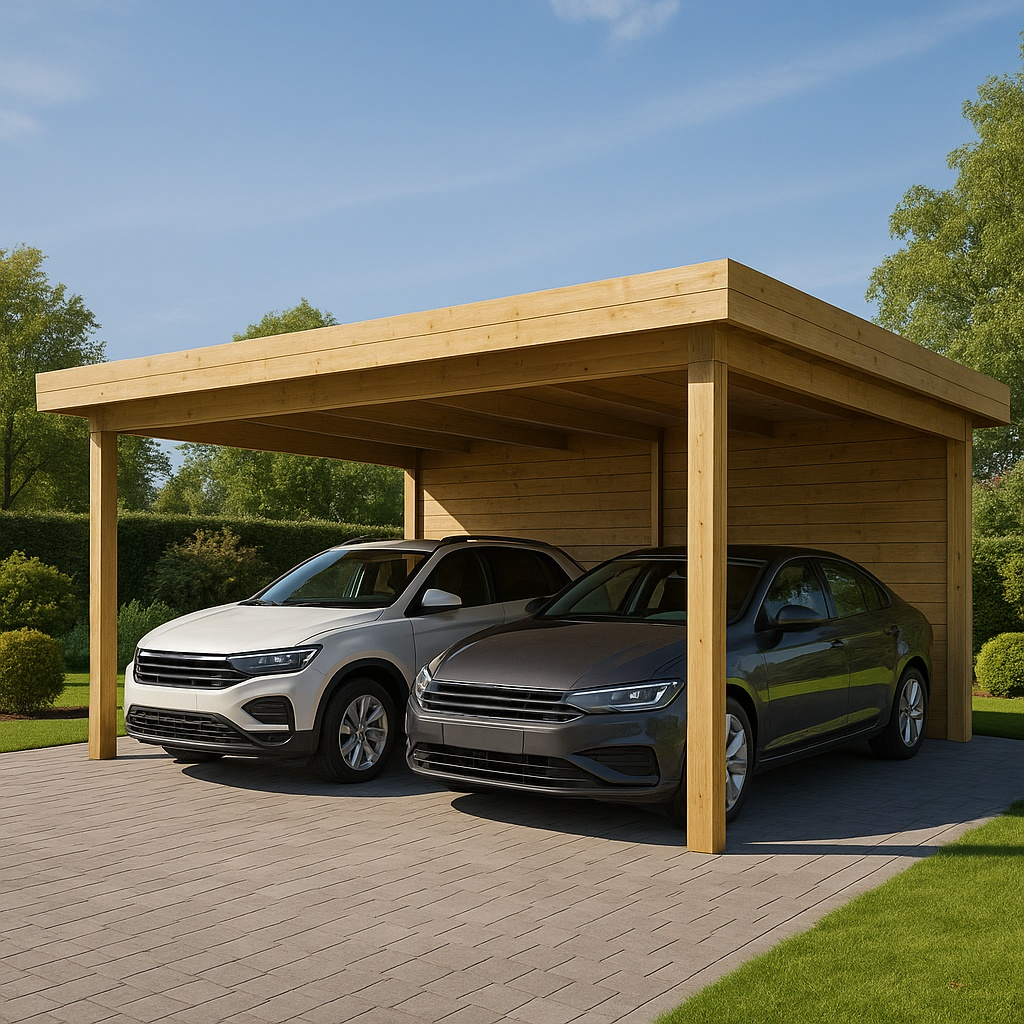 Abri voiture double couvert en bois brun naturel, parking extérieur 600 x 510 x 250 cm