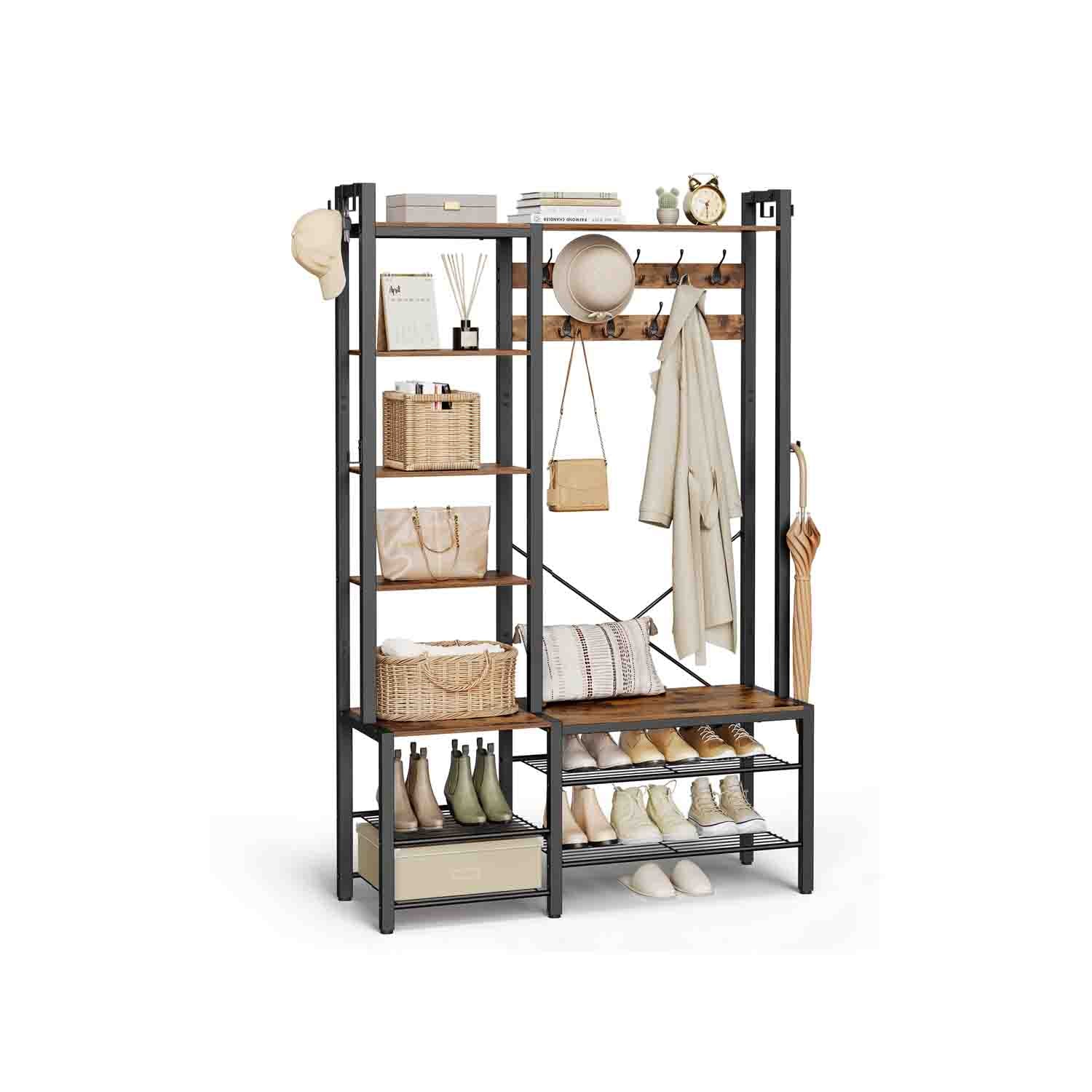 Garderobenständer mit Schuhbank, Steingrau und Tintenschwarz