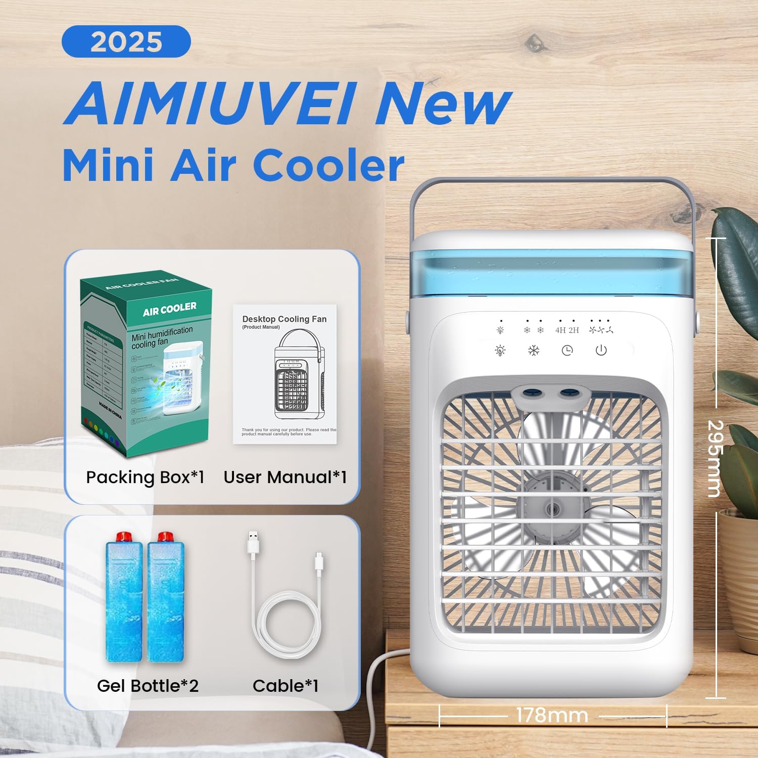 AIMIUVEI Mini-Klimaanlage, tragbar, 5-in-1-Luftkühler, Ventilator mit 1000-ml-Wassertank, 3 Geschwindigkeitsstufen, 2 Nebelmodi, 2-4-Stunden-Timer, Kühlventilator mit 7 LED-Leuchten für Schlafzimmer und Büro
