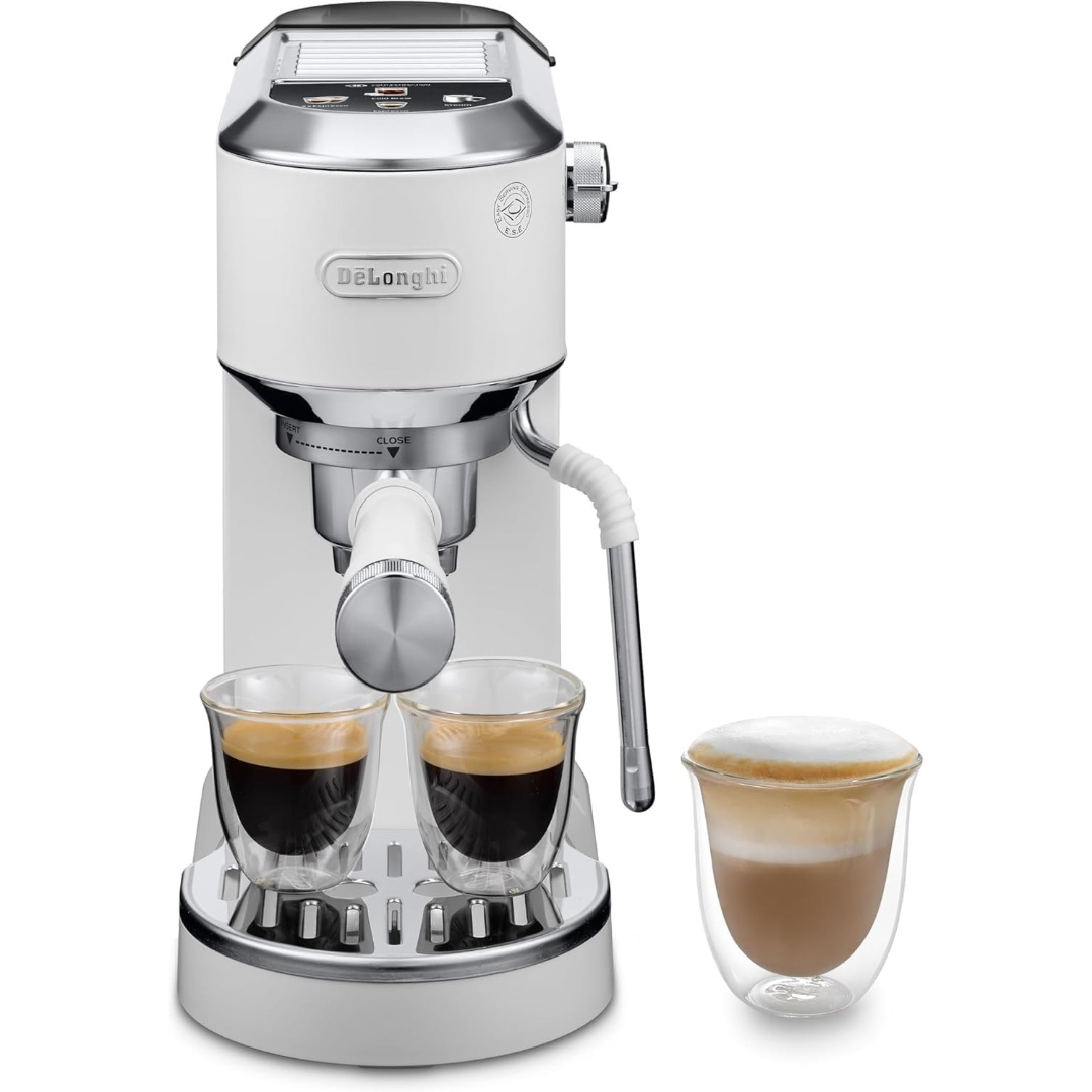 De'Longhi Dedica – Edelstahl-Pumpkaffeemaschine für gemahlenen Kaffee oder Kaffeepads, Espresso und Cappuccino, 1,3-Liter-Wassertank, Tropfstopp, Modell EC685.M, Metallfarbe