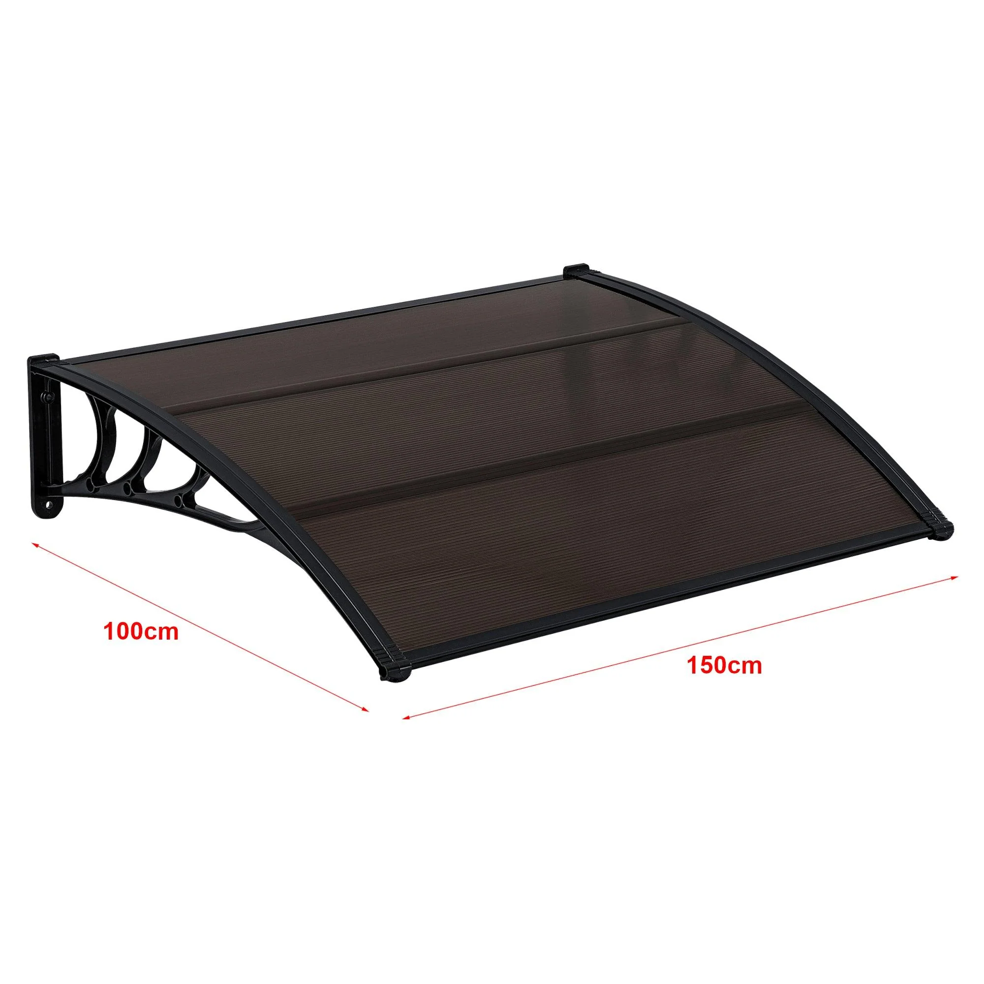 Eingangsvordach 2025. Wetterfestes Schutzdach aus ABS, Polycarbonat und Aluminium. 150 x 100 cm. Schwarz und Braun.