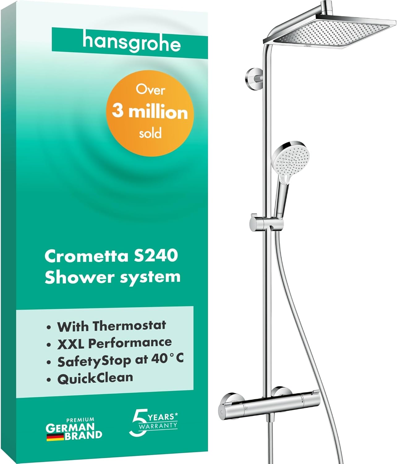 hansgrohe Crometta E - wassersparendes Duschsystem (EcoSmart) mit Thermostat, Regendusche (240 x 240 mm), Handbrause (2 Strahlarten), flexiblem Schlauch, Brausestange und rechteckigem, feststehendem Brausekopf, Chrom, 27281000