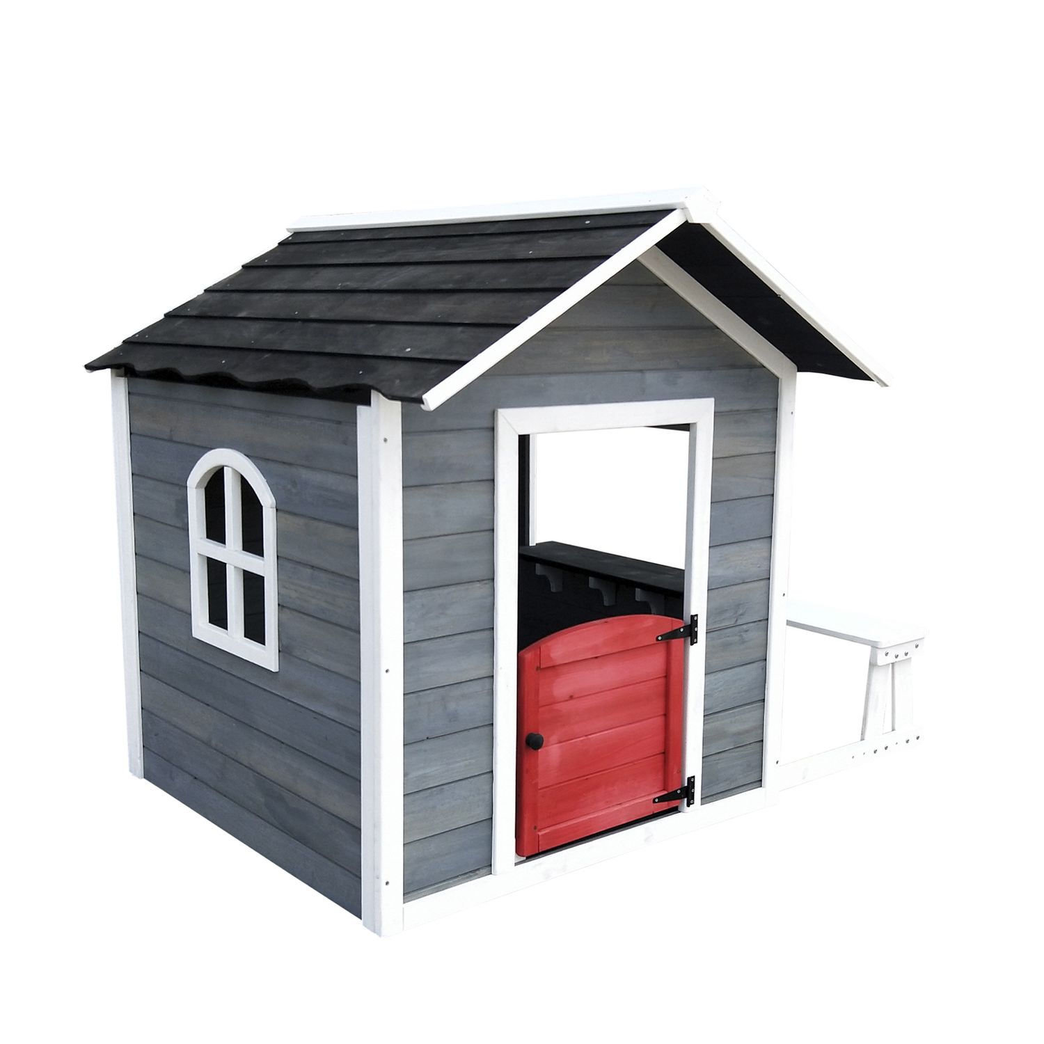Robincool Holzspielhaus für Kinder, 1,2 m², 116 x 138 x 132 cm, offenes Design mit Fenstern und Außenbank