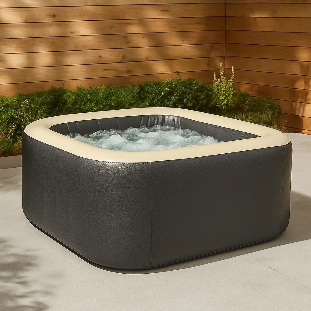 Spa gonflable carré, 4 personnes, PVC, gris et beige, 155 x 155 x 65 cm - 7DVLVfybUDBM