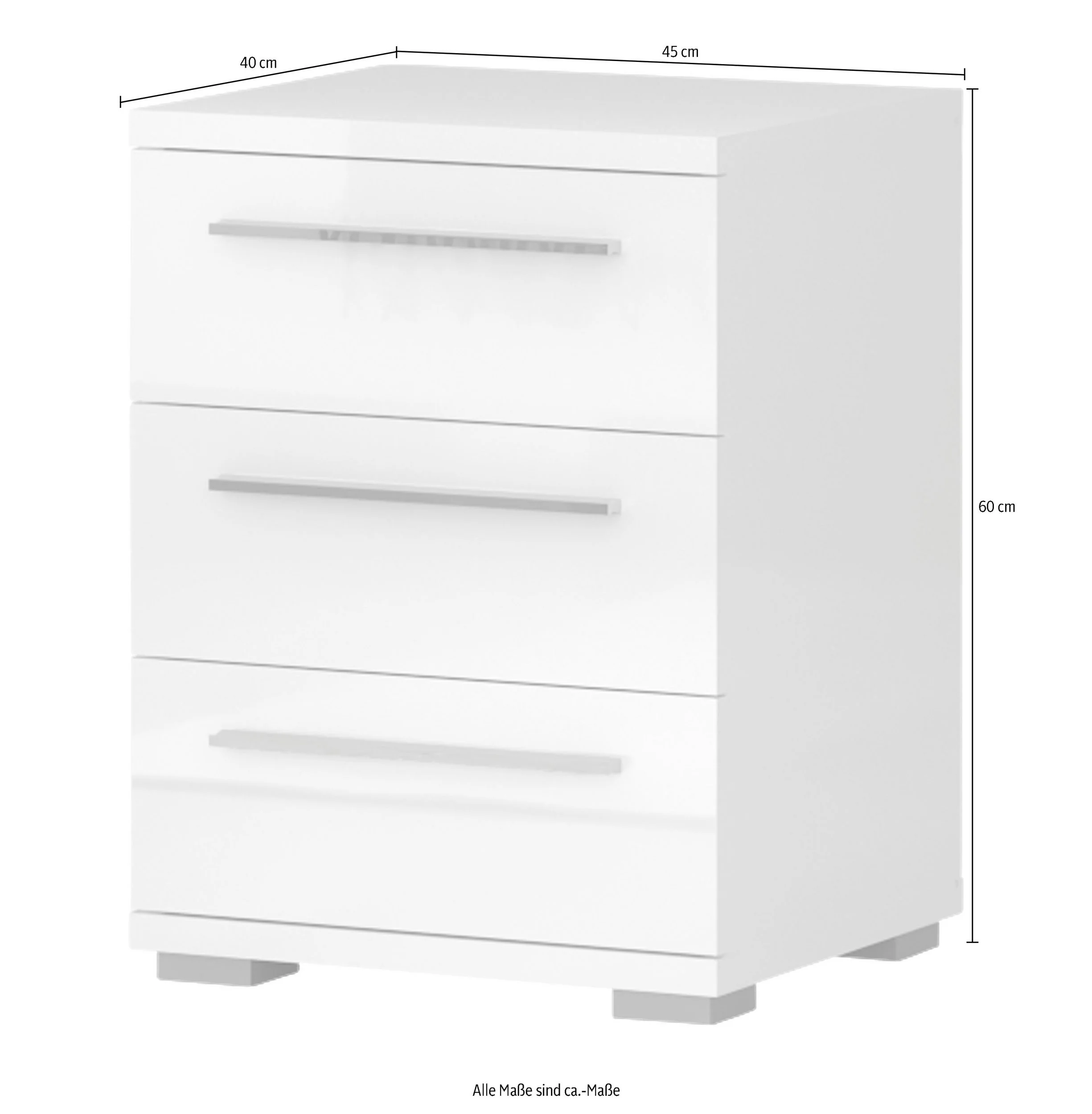 Hochglanzweißer Klaviernachttisch mit 3 Schubladen mit Soft-Close-Funktion, 45 cm breit