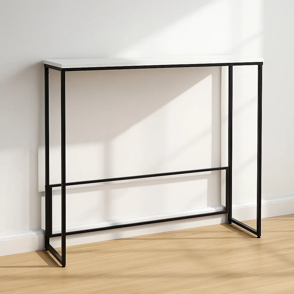 Console d'entrée, noire, quartz et métal, pour couloir, 111 x 25 x 100 cm