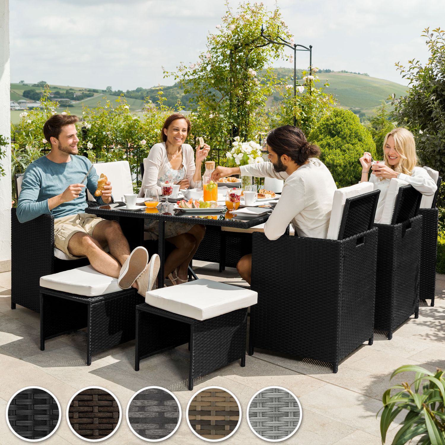 Malaga Rattan-Set 6+4+1, wasserdichte Schutzhülle - Grau