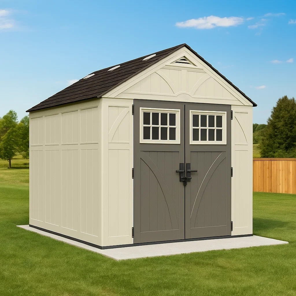 Abri de jardin beige avec plancher et fenêtres, en résine, pour l'extérieur, 255 x 311 x 262 cm