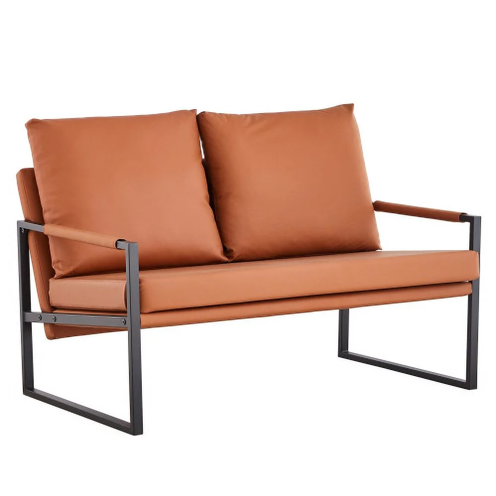 Modernes 2-Sitzer-Sofa mit 2 Kissen – PU-Leder, hochdichter Schaumstoff, schwarz lackiertes Metallgestell, braune Farbe